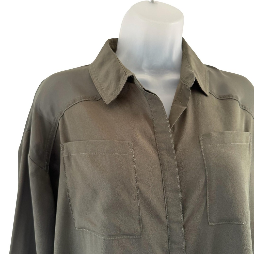 Gestuz Tunic Shirt Womens 34 US 2 Green Sheer Panel Button Utility Army Pockets - Picture 7 of 16